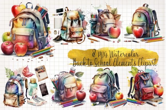 Back to School Backpack Watercolor Graphics and Print Templates